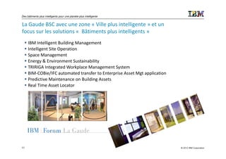 Des bâtiments plus intelligents pour une planète plus intelligente


La Gaude BSC avec une zone « Ville plus intelligente » et un
focus sur les solutions « Bâtiments plus intelligents »
     IBM Intelligent Building Management
     Intelligent Site Operation
     Space Management
     Energy & Environment Sustainability
     TRIRIGA Integrated Workplace Management System
     BIM-COBie/IFC automated transfer to Enterprise Asset Mgt application
     Predictive Maintenance on Building Assets
     Real Time Asset Locator




11                                                                          © 2012 IBM Corporation
 