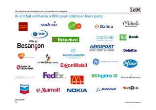 Des bâtiments plus intelligents pour une planète plus intelligente

Ils ont fait confiance à IBM pour optimiser leurs parcs




Liste partielle
14                                                                   © 2012 IBM Corporation
 