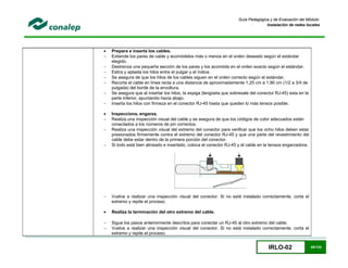 IRLO-02 45/124
Guía Pedagógica y de Evaluación del Módulo:
Instalación de redes locales
 Prepara e inserta los cables.
 Extiende los pares de cable y acomódelos más o menos en el orden deseado según el estándar
elegido.
 Destrenza una pequeña sección de los pares y los acomóda en el orden exacto según el estándar.
 Estira y aplasta los hilos entre el pulgar y el índice.
 Se asegura de que los hilos de los cables siguen en el orden correcto según el estándar.
 Recorta el cable en línea recta a una distancia de aproximadamente 1,25 cm a 1,90 cm (1/2 a 3/4 de
pulgada) del borde de la envoltura.
 Se asegura que al insertar los hilos, la espiga (lengüeta que sobresale del conector RJ-45) esta en la
parte inferior, apuntando hacia abajo.
 Inserta los hilos con firmeza en el conector RJ-45 hasta que queden lo más tensos posible.
 Inspecciona, engarza.
 Realiza una inspección visual del cable y se asegura de que los códigos de color adecuados están
conectados a los números de pin correctos.
 Realiza una inspección visual del extremo del conector para verificar que los ocho hilos deben estar
presionados firmemente contra el extremo del conector RJ-45 y que una parte del revestimiento del
cable debe estar dentro de la primera porción del conector.
 Si todo está bien alineado e insertado, coloca el conector RJ-45 y el cable en la tenaza engarzadora.
 Vuelve a realizar una inspección visual del conector. Si no está instalado correctamente, corta el
extremo y repite el proceso.
 Realiza la terminación del otro extremo del cable.
 Sigue los pasos anteriormente descritos para conectar un RJ-45 al otro extremo del cable.
 Vuelve a realizar una inspección visual del conector. Si no está instalado correctamente, corta el
extremo y repite el proceso.
 