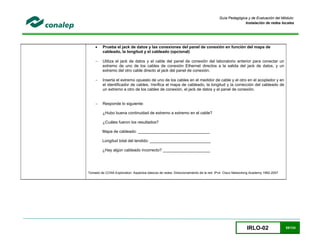 IRLO-02 55/124
Guía Pedagógica y de Evaluación del Módulo:
Instalación de redes locales
 Prueba el jack de datos y las conexiones del panel de conexión en función del mapa de
cableado, la longitud y el cableado (opcional)
 Utiliza el jack de datos y el cable del panel de conexión del laboratorio anterior para conectar un
extremo de uno de los cables de conexión Ethernet directos a la salida del jack de datos, y un
extremo del otro cable directo al jack del panel de conexión.
 Inserta el extremo opuesto de uno de los cables en el medidor de cable y el otro en el acoplador y en
el identificador de cables. Verifica el mapa de cableado, la longitud y la corrección del cableado de
un extremo a otro de los cables de conexión, el jack de datos y el panel de conexión.
 Responde lo siguiente:
¿Hubo buena continuidad de extremo a extremo en el cable?
¿Cuáles fueron los resultados?
Mapa de cableado: ________________________________
Longitud total del tendido: ___________________________
¿Hay algún cableado incorrecto? _____________________
Tomado de CCNA Exploration Aspectos básicos de redes: Direccionamiento de la red: IPv4 Cisco Networking Academy 1992-2007
 