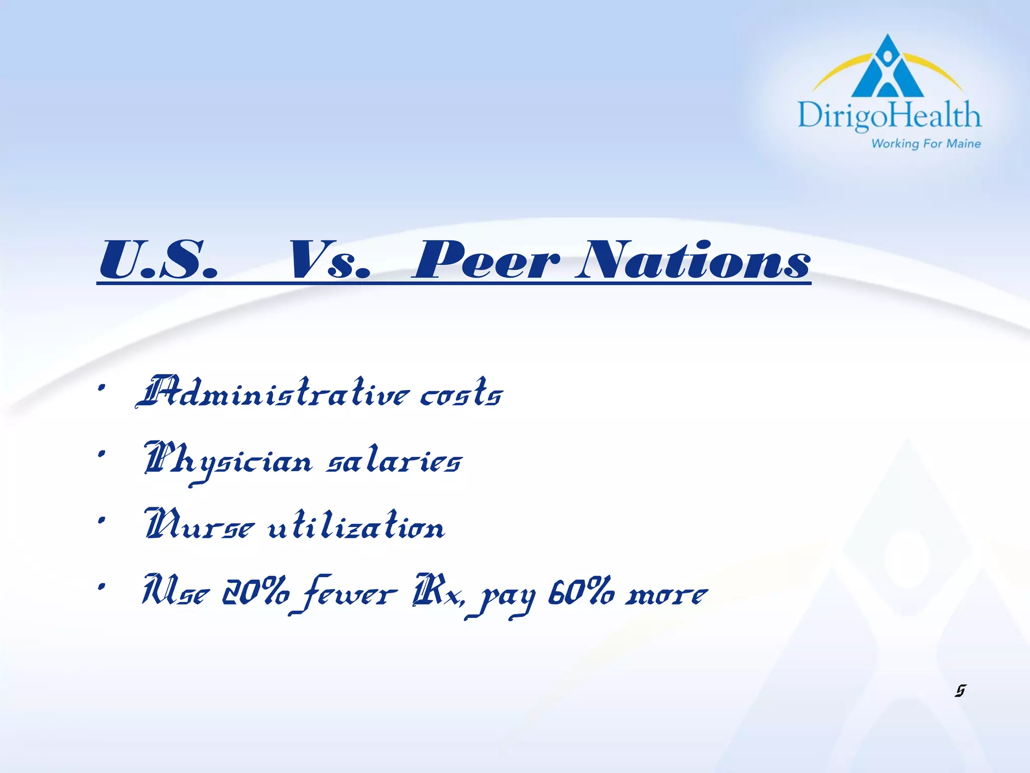 U.S. Vs. Peer Nations
•
Administrative costs
•
Physician salaries
•
Nurse utilization
•
Use 20% fewer Rx, pay 60% more
5
 