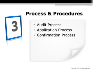 Copyright © 2015 Owl’s Ledge LLC
Process & Procedures
• Audit Process
• Application Process
• Confirmation Process
 