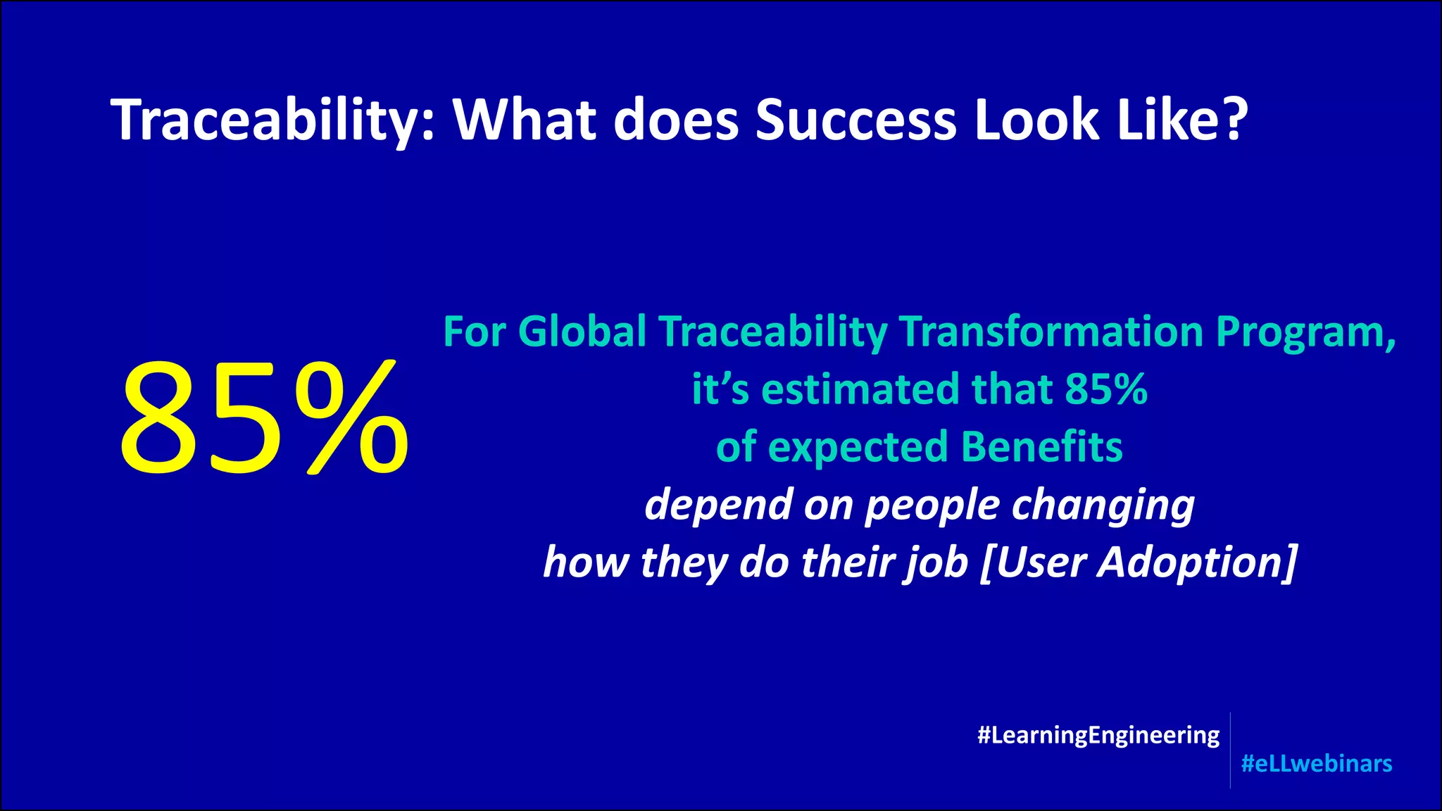 For Global Traceability Transformation Program,
it’s estimated that 85%
of expected Benefits
depend on people changing
how they do their job [User Adoption]
85%
Traceability: What does Success Look Like?
#LearningEngineering
#eLLwebinars
 