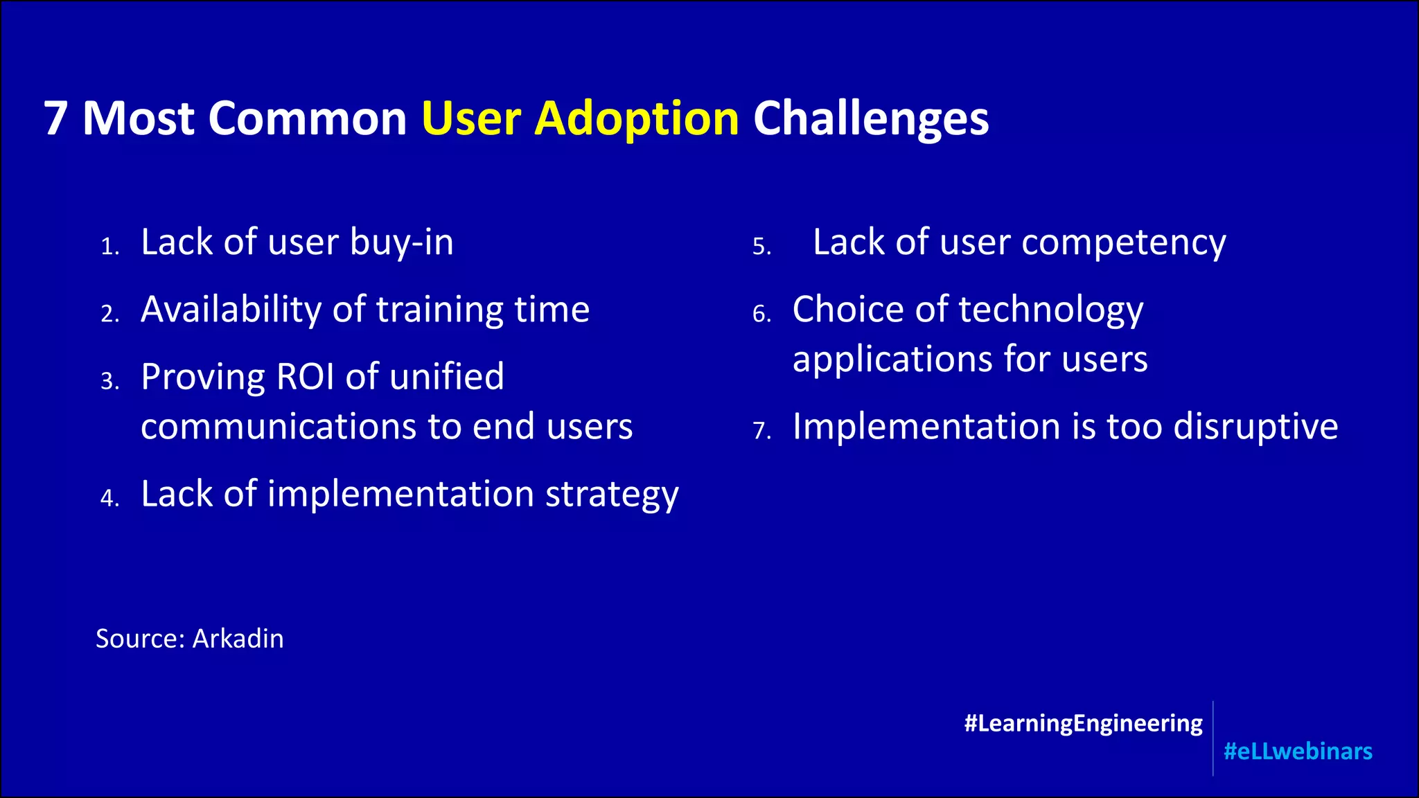 7 Most Common User Adoption Challenges
Source: Arkadin
#LearningEngineering
#eLLwebinars
1. Lack of user buy-in
2. Availability of training time
3. Proving ROI of unified
communications to end users
4. Lack of implementation strategy
5. Lack of user competency
6. Choice of technology
applications for users
7. Implementation is too disruptive
 