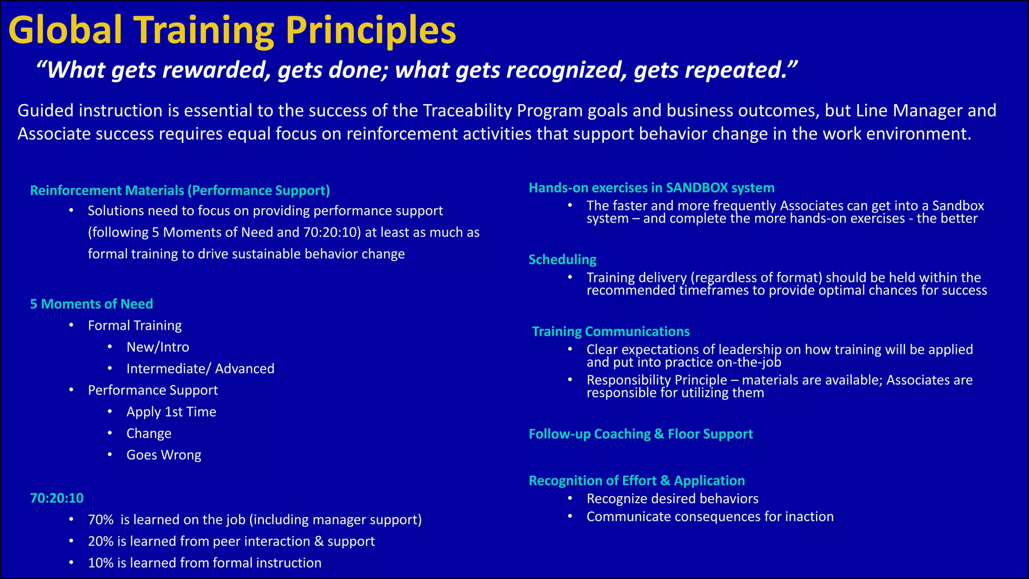 Global Training Principles
Reinforcement Materials (Performance Support)
• Solutions need to focus on providing performance support
(following 5 Moments of Need and 70:20:10) at least as much as
formal training to drive sustainable behavior change
5 Moments of Need
• Formal Training
• New/Intro
• Intermediate/ Advanced
• Performance Support
• Apply 1st Time
• Change
• Goes Wrong
70:20:10
• 70% is learned on the job (including manager support)
• 20% is learned from peer interaction & support
• 10% is learned from formal instruction
Hands-on exercises in SANDBOX system
• The faster and more frequently Associates can get into a Sandbox
system – and complete the more hands-on exercises - the better
Scheduling
• Training delivery (regardless of format) should be held within the
recommended timeframes to provide optimal chances for success
Training Communications
• Clear expectations of leadership on how training will be applied
and put into practice on-the-job
• Responsibility Principle – materials are available; Associates are
responsible for utilizing them
Follow-up Coaching & Floor Support
Recognition of Effort & Application
• Recognize desired behaviors
• Communicate consequences for inaction
“What gets rewarded, gets done; what gets recognized, gets repeated.”
Guided instruction is essential to the success of the Traceability Program goals and business outcomes, but Line Manager and
Associate success requires equal focus on reinforcement activities that support behavior change in the work environment.
 
