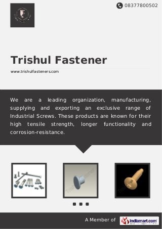 08377800502
A Member of
Trishul Fastener
www.trishulfasteners.com
We are a leading organization, manufacturing,
supplying and exporting an exclusive range of
Industrial Screws. These products are known for their
high tensile strength, longer functionality and
corrosion-resistance.
 