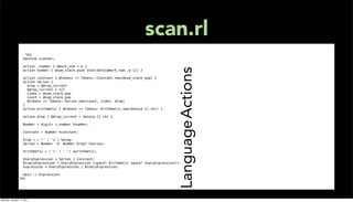scan.rl
                   %%{
                machine scanner;

                action _number { @mark_num = p }




                                                                                                Language Actions
                action number { @num_stack.push atos(data[@mark_num..p-1]) }

                action constant { @tokens << Tokens::Constant.new(@num_stack.pop) }
                action series {
                drop = @drop_current
                @drop_current = nil
                sides = @num_stack.pop
                count = @num_stack.pop
                @tokens << Tokens::Series.new(count, sides, drop)
                }
                action arithmetic { @tokens << Tokens::Arithmetic.new(data[p-1].chr) }

                action drop { @drop_current = data[p-1].chr }

                Number = digit+ >_number %number;

                Constant = Number %constant;

                Drop = ('^' | 'v') %drop;
                Series = Number 'd' Number Drop? %series;

                Arithmetic = ('+' | '-') %arithmetic;

                UnaryExpression = Series | Constant;
                BinaryExpression = UnaryExpression (space* Arithmetic space* UnaryExpression)+;
                Expression = UnaryExpression | BinaryExpression;

                main := Expression;
                }%%




Monday, January 17, 2011
 