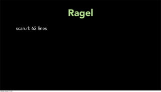 Ragel
                           scan.rl: 62 lines




Monday, January 17, 2011
 