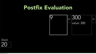 Postﬁx Evaluation
                                    9     - 300         -
                                           value: 300




   Stack

  20
Monday, January 17, 2011
 