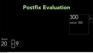 Postﬁx Evaluation
                                           300          -
                                           value: 300




   Stack

  20 - 9
Monday, January 17, 2011
 