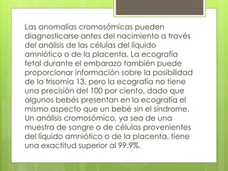 Las anomalías cromosómicas pueden 
diagnosticarse antes del nacimiento a través 
del análisis de las células del líquido 
amniótico o de la placenta. La ecografía 
fetal durante el embarazo también puede 
proporcionar información sobre la posibilidad 
de la trisomía 13, pero la ecografía no tiene 
una precisión del 100 por ciento, dado que 
algunos bebés presentan en la ecografía el 
mismo aspecto que un bebé sin el síndrome. 
Un análisis cromosómico, ya sea de una 
muestra de sangre o de células provenientes 
del líquido amniótico o de la placenta, tiene 
una exactitud superior al 99.9%. 
 