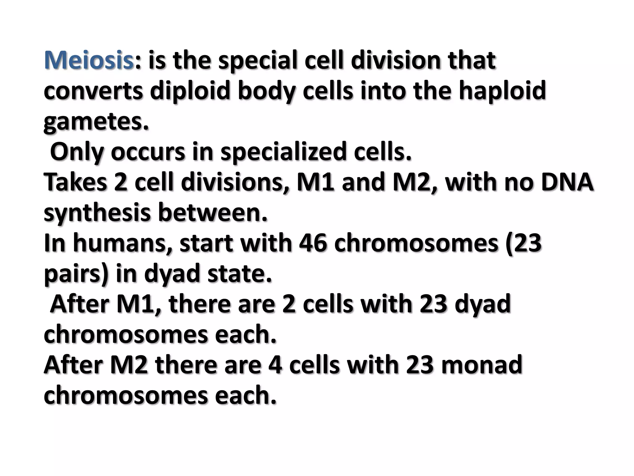 Meiosis: is the special cell division that
converts diploid body cells into the haploid
gametes.
Only occurs in specialized cells.
Takes 2 cell divisions, M1 and M2, with no DNA
synthesis between.
In humans, start with 46 chromosomes (23
pairs) in dyad state.
After M1, there are 2 cells with 23 dyad
chromosomes each.
After M2 there are 4 cells with 23 monad
chromosomes each.
 