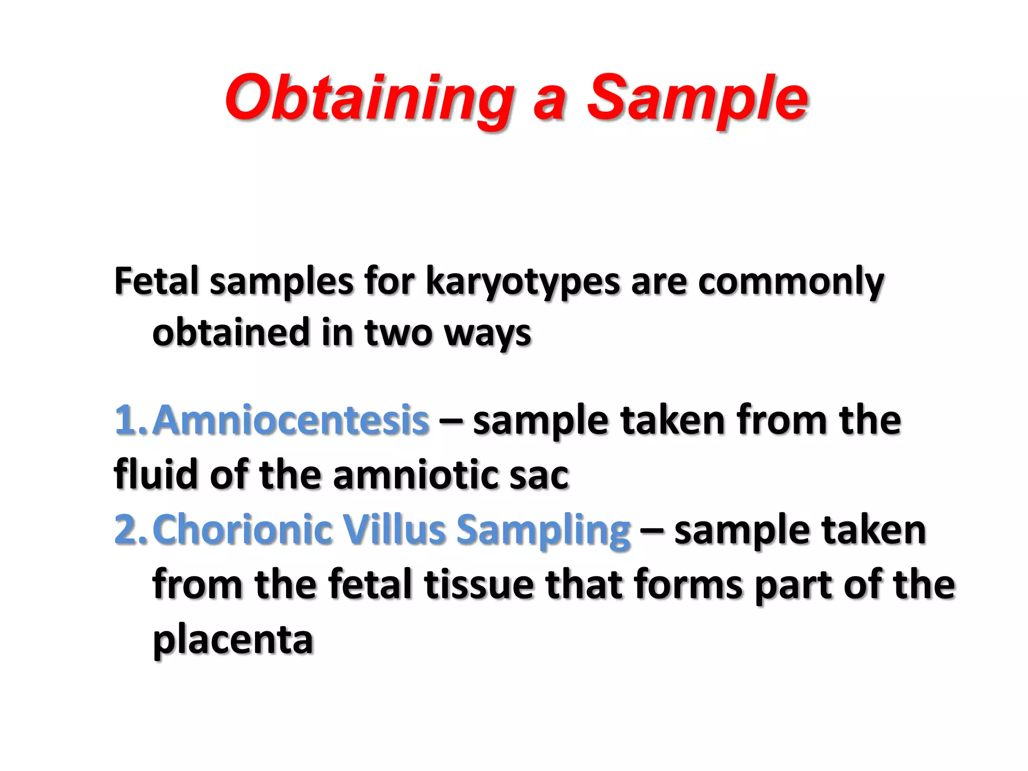 Obtaining a Sample
Fetal samples for karyotypes are commonly
obtained in two ways
1.Amniocentesis – sample taken from the
fluid of the amniotic sac
2.Chorionic Villus Sampling – sample taken
from the fetal tissue that forms part of the
placenta
 