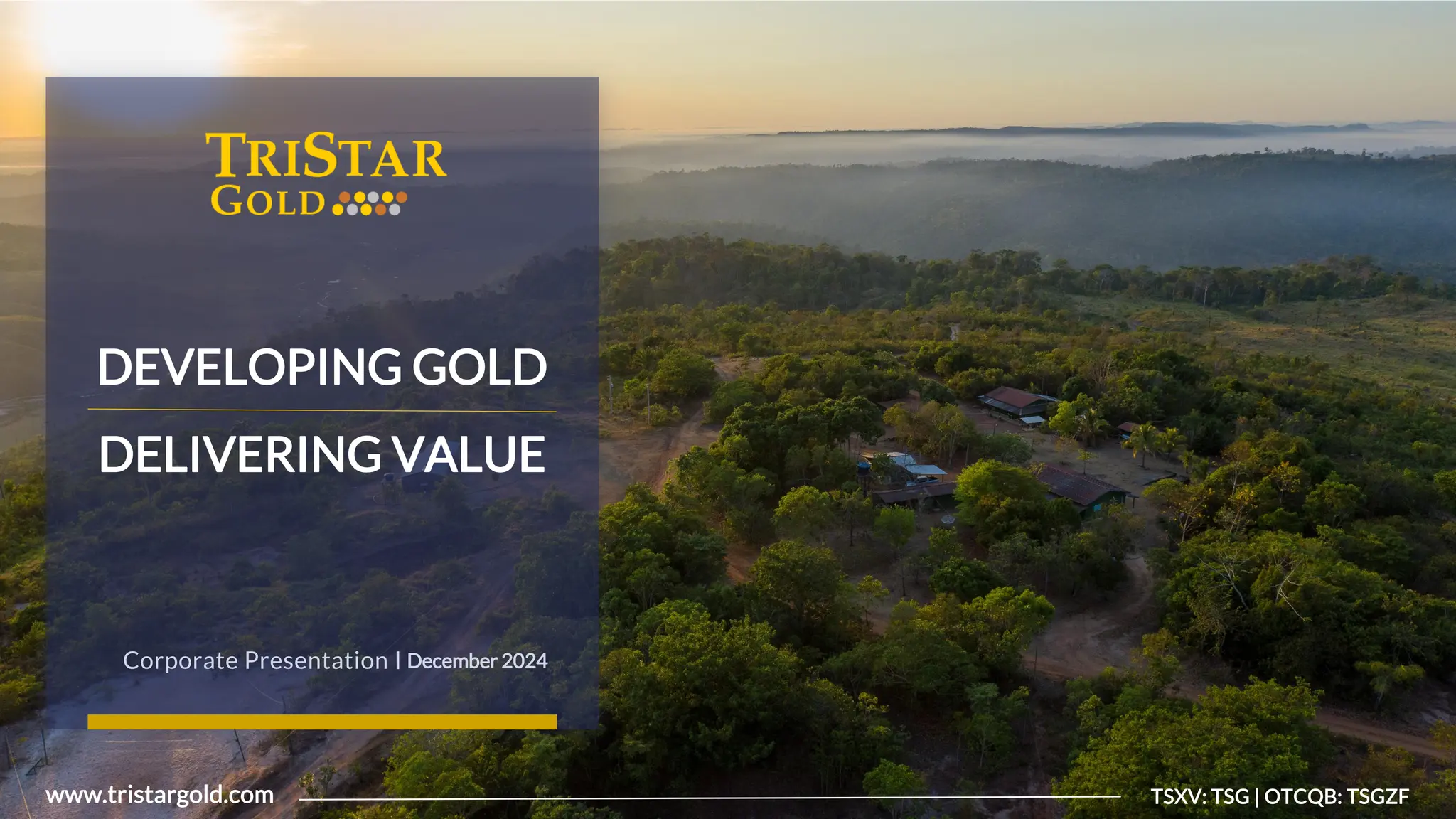 1
Tristar
Gold
|
TSXV:
TSG
|
OTCQB:
TSGZF
www.tristargold.com TSXV: TSG | OTCQB: TSGZF
DEVELOPING GOLD
DELIVERING VALUE
Corporate Presentation I December 2024
 