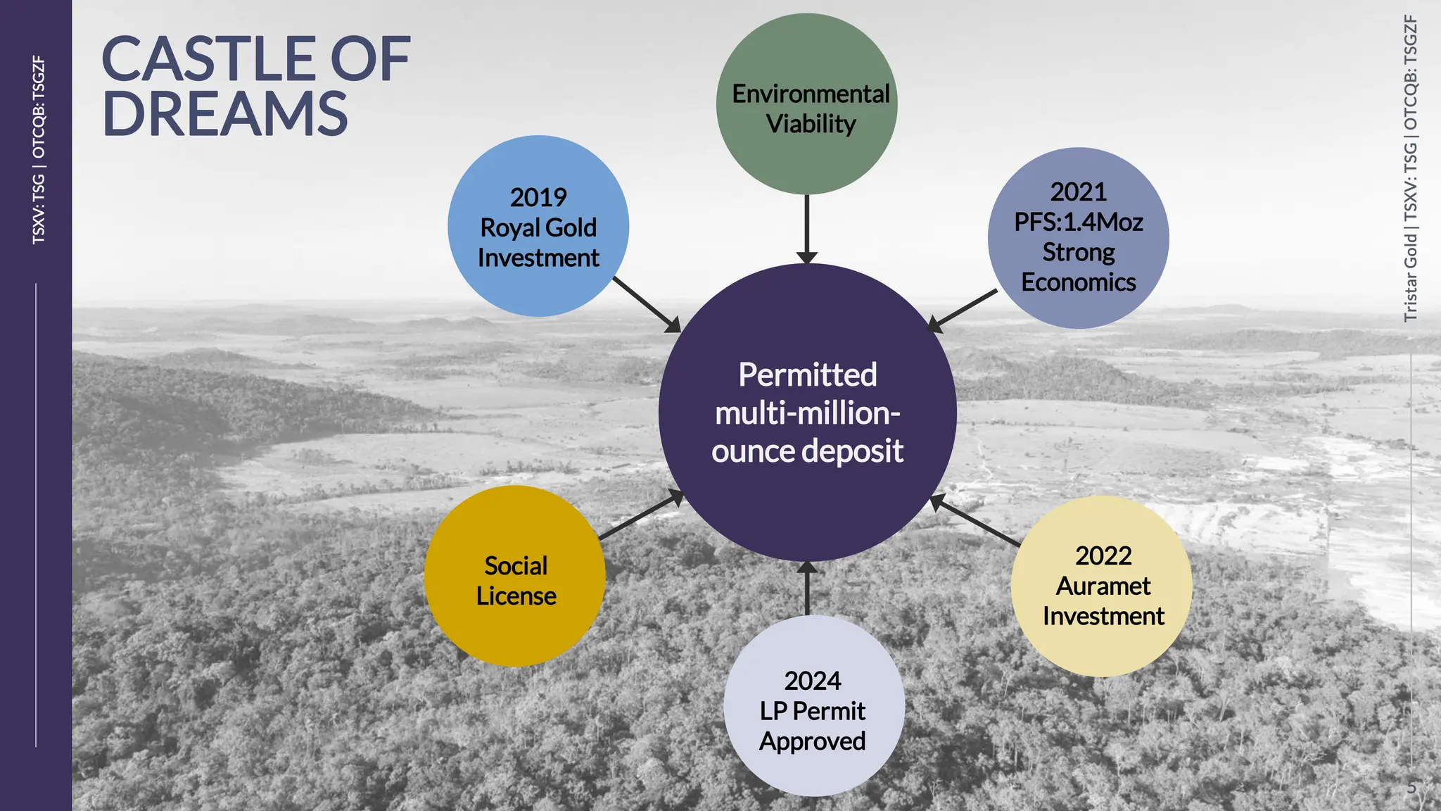 5
Tristar
Gold
|
TSXV:
TSG
|
OTCQB:
TSGZF
TSXV:
TSG
|
OTCQB:
TSGZF
Permitted
multi-million-
ounce deposit
Social
License
Environmental
Viability
2021
PFS:1.4Moz
Strong
Economics
2022
Auramet
Investment
2019
Royal Gold
Investment
2024
LP Permit
Approved
CASTLE OF
DREAMS
5
Tristar
Gold
|
TSXV:
TSG
|
OTCQB:
TSGZF
 