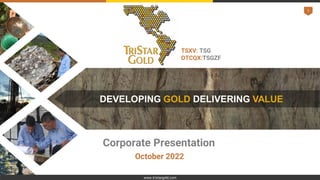 1
TSXV: TSG
OTCQX:TSGZF
DEVELOPING GOLD DELIVERING VALUE
Corporate Presentation
October 2022
www.tristargold.com
 