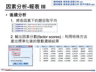 因素分析-報表 III
• 後續分析
1. 將各因素下的題目取平均
2. 輸出因素分數(factor scores)：利用特殊方法
產出標準化後的變數濃縮結果
104
範例檔案-學員版因素分析.sav
範例檔案-學員版因素分析-取平均語法.sps
 