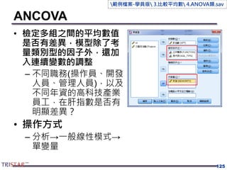 ANCOVA
• 檢定多組之間的平均數值
是否有差異，模型除了考
量類別型的因子外，還加
入連續變數的調整
– 不同職務(操作員、開發
人員、管理人員)，以及
不同年資的高科技產業
員工，在肝指數是否有
明顯差異？
• 操作方式
– 分析→一般線性模式→
單變量
125
範例檔案-學員版 3.比較平均數 4.ANOVA類.sav
 