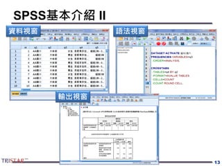 SPSS基本介紹 II
13
資料視窗 語法視窗
輸出視窗
 