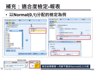 補充：適合度檢定-報表
• 以Normal(0,1)分配的檢定為例
131
1.
2.
3.
檢定結果顯著→月薪不服從Normal(0,1)分配
 
