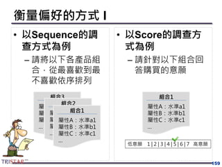 衡量偏好的方式 I
• 以Sequence的調
查方式為例
– 請將以下各產品組
合，從最喜歡到最
不喜歡依序排列
159
組合3
屬性A：水準a1
屬性B：水準b1
屬性C：水準c1
…
組合2
屬性A：水準a1
屬性B：水準b1
屬性C：水準c1
…
組合1
屬性A：水準a1
屬性B：水準b1
屬性C：水準c1
…
• 以Score的調查方
式為例
– 請針對以下組合回
答購買的意願
組合1
屬性A：水準a1
屬性B：水準b1
屬性C：水準c1
…
低意願 1 | 2 | 3 | 4 | 5 | 6 | 7 高意願
 