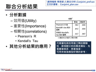 聯合分析結果
• 分析數據
– 效用值(Utility)
– 重要性(Importance)
– 相關性(correlations)
• Pearson’s R
• Kendall’s Tau
• 其他分析結果的應用？
168
代表屬性與效用值之間的關聯
性，跟相關分析的概念類似，先
看顯著與否，再看強度。
可用來做為模型好壞的參考。
範例檔案-學員版 5.聯合分析 Conjoint_pref.sav
正交計畫檔： Conjoint_plan.sav
 