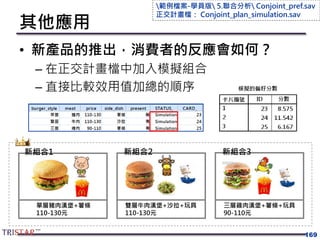 其他應用
• 新產品的推出，消費者的反應會如何？
– 在正交計畫檔中加入模擬組合
– 直接比較效用值加總的順序
169
單層豬肉漢堡+薯條
110-130元
新組合1
雙層牛肉漢堡+沙拉+玩具
110-130元
新組合2
三層雞肉漢堡+薯條+玩具
90-110元
新組合3
範例檔案-學員版 5.聯合分析 Conjoint_pref.sav
正交計畫檔： Conjoint_plan_simulation.sav
 