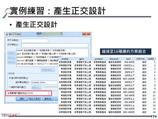 實例練習：產生正交設計
• 產生正交設計
174
縮減至16種續約方案組合
 