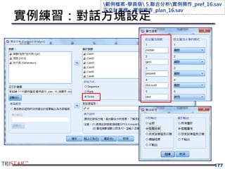 實例練習：對話方塊設定
177
範例檔案-學員版 5.聯合分析實例操作_pref_16.sav
正交計畫檔：實例操作_plan_16.sav
 