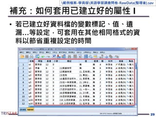 補充：如何套用已建立好的屬性 I
• 若已建立好資料檔的變數標記、值、遺
漏…等設定，可套用在其他相同格式的資
料以節省重複設定的時間
29
範例檔案-學員版英語學習調查問卷-RawData(整理後).sav
 