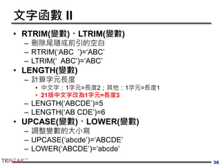 文字函數 II
• RTRIM(變數)、LTRIM(變數)
– 刪除尾隨或前引的空白
– RTRIM(‘ABC ’)=‘ABC’
– LTRIM(‘ ABC’)=‘ABC’
• LENGTH(變數)
– 計算字元長度
• 中文字：1字元=長度2；其他：1字元=長度1
• 21版中文字改為1字元=長度3
– LENGTH(‘ABCDE’)=5
– LENGTH(‘AB CDE’)=6
• UPCASE(變數)、LOWER(變數)
– 調整變數的大小寫
– UPCASE(‘abcde’)=‘ABCDE’
– LOWER(‘ABCDE’)=‘abcde’
36
 