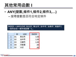 其他常用函數 I
• ANY(變數,條件1,條件2,條件3,…)
– 搜尋變數是否符合特定條件
39
INDEX = ANY(LIVE,'台北市','新北市','台中市','台南市','高雄市')
→若符合任一條件則回傳「1」
 