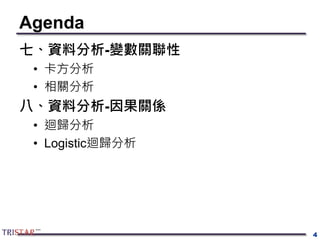 Agenda
七、資料分析-變數關聯性
• 卡方分析
• 相關分析
八、資料分析-因果關係
• 迴歸分析
• Logistic迴歸分析
4
 