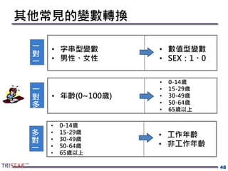 其他常見的變數轉換
48
• 字串型變數
• 男性、女性
• 數值型變數
• SEX：1、0
一
對
一
• 0-14歲
• 15-29歲
• 30-49歲
• 50-64歲
• 65歲以上
• 工作年齡
• 非工作年齡
多
對
一
• 年齡(0~100歲)
一
對
多
• 0-14歲
• 15-29歲
• 30-49歲
• 50-64歲
• 65歲以上
 