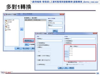 多對1轉換
51
範例檔案-學員版 2.資料整理與變數轉換變數轉換_demo_raw.sav
 