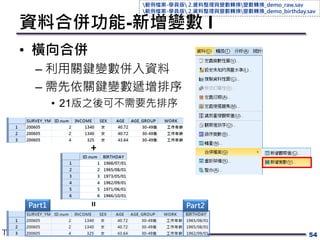 資料合併功能-新增變數 I
• 橫向合併
– 利用關鍵變數併入資料
– 需先依關鍵變數遞增排序
• 21版之後可不需要先排序
54
+
=
Part1 Part2
範例檔案-學員版 2.資料整理與變數轉換變數轉換_demo_raw.sav
範例檔案-學員版 2.資料整理與變數轉換變數轉換_demo_birthday.sav
 