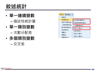 敘述統計
• 單一連續變數
– 描述性統計量
• 單一類別變數
– 次數分配表
• 多個類別變數
– 交叉表
64
 