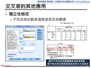 交叉表的其他應用
67
• 獨立性檢定
– 不同店家的顧客滿意度是否有關連
顯示不同店家與整體顧客滿意度無關：
客戶對店家的服務滿意度沒有太大的差別
範例檔案-學員版 4.相關分析&迴歸分析 1.CrossTab.sav
 