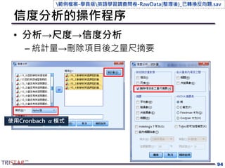 信度分析的操作程序
• 分析→尺度→信度分析
– 統計量→刪除項目後之量尺摘要
94
使用Cronbach 𝜶 模式
範例檔案-學員版英語學習調查問卷-RawData(整理後)_已轉換反向題.sav
 