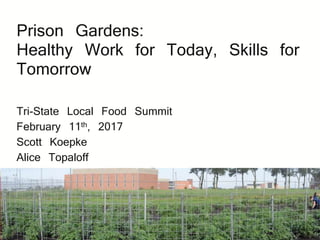Prison Gardens:
Healthy Work for Today, Skills for
Tomorrow
Tri-State Local Food Summit
February 11th, 2017
Scott Koepke
Alice Topaloff
 