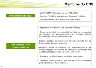Membros do ONS

                           • Lei nº 9.648/98 alterada pela Lei nº 10.848/04
     Fundamentação legal   • Decreto nº 2.655/98 alterado pelo Decreto nº 5.081/04
                           • Estatuto do ONS – Resolução nº ANEEL 328/04



                           • Aprovar as modificações do Estatuto do ONS;

                           • Eleger ou destituir os conselheiros titulares e suplentes
                            do Conselho de Administração e do Conselho Fiscal,
                            fixando-lhes a forma de remuneração;

                           •Eleger e destituir os membros da Diretoria, fixando-lhes os
                            honorários e demais vantagens;
      Assembleia Geral
       (competência)       •Deliberar sobre o Relatório da Administração e as
                            Demonstrações Financeiras do Exercício e pareceres dos
                            Auditores Independentes e do Conselho Fiscal;

                           • Aprovar a contribuição dos membros associados;

                           • Deliberar sobre matérias que lhe sejam encaminhadas
                            pelo Conselho de Administração.

16
 