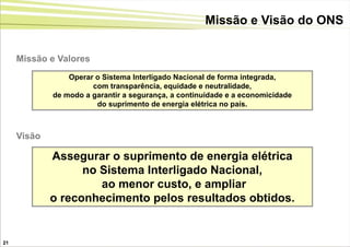 Missão e Visão do ONS


     Missão e Valores
                 Operar o Sistema Interligado Nacional de forma integrada,
                       com transparência, equidade e neutralidade,
             de modo a garantir a segurança, a continuidade e a economicidade
                        do suprimento de energia elétrica no país.



     Visão

             Assegurar o suprimento de energia elétrica
                   no Sistema Interligado Nacional,
                      ao menor custo, e ampliar
             o reconhecimento pelos resultados obtidos.


21
 