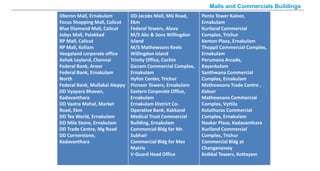 Oberon Mall, Ernakulam
Focus Shopping Mall, Calicut
Blue Diamond Mall, Calicut
Jobys Mall, Palakkad
RP Mall, Calicut
RP Mall, Kollam
Veegaland corporate office
Ashok Leyland, Chennai
Federal Bank, Aroor
Federal Bank, Ernakulam
North
Federal Bank, Mullakal Aleppy
DD Vyapara Bhavan,
Kadavanthara
DD Vastra Mahal, Market
Road, Ekm
DD Tex World, Ernakulam
DD Mile Stone, Ernakulam
DD Trade Centre, Mg Road
DD Cornerstone,
Kadavanthara
DD Jacobs Mall, MG Road,
Ekm
Federal Towers, Aluva
M/S Abc & Sons Willingdon
Island
M/S Mathewsons Keels
Willingdon Island
Trinity Office, Cochin
Ganam Commercial Complex,
Ernakulam
Hyfon Center, Trichur
Pioneer Towers, Ernakulam
Eastern Corporate Office,
Ernakulam
Ernakulam District Co-
Operative Bank, Kakkand
Medical Trust Commercial
Building, Ernakulam
Commercial Bldg for Mr.
Subhair
Commercial Bldg for Mez
Matrix
V-Guard Head Office
Penta Tower Kaloor,
Ernakulam
Kuriland Commercial
Complex, Trichur
Kenton Plaza, Ernakulam
Thoppil Commercial Complex,
Ernakulam
Perumana Arcade,
Kayankulam
Santhwana Commercial
Complex, Ernakulam
Mathewsons Trade Centre ,
Kaloor
Mathewsons Commercial
Complex, Vyttila
Kolutharas Commercial
Complex, Ernakulam
Navkar Plaza, Kadavanthara
Kuriland Commercial
Complex, Trichur
Commercial Bldg at
Changanassey
Koikkal Towers, Kottayam
Malls and Commercials Buildings
 