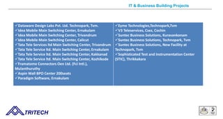 IT & Business Building Projects
TRITECH
Dataware Design Labs Pvt. Ltd. Technopark, Tvm.
Idea Mobile Main Switching Center, Ernakulam
Idea Mobile Main Switching Center, Trivandrum
Idea Mobile Main Switching Center, Calicut
Tata Tele Services ltd Main Switching Center, Trivandrum
Tata Tele Service ltd. Main Switching Center, Ernakulam
Tata Tele Service ltd. Main Switching Center, Kakkanad
Tata Tele Service ltd. Main Switching Center, Kozhikode
Framatome Connectors Oen Ltd. (Fci Intl.),
Mulanthuruthy
Aspin Wall BPO Center 200seats
Paradigm Software, Ernakulam
Eyme Technologies,Technopark,Tvm
V3 Teleservices, Csez, Cochin
Suntec Business Solutions, Kuravankonam
Suntec Business Solutions, Technopark, Tvm
Suntec Business Solutions, New Facility at
Technopark, Tvm
Sophisticated Test and Instrumentation Center
(STIC), Thrikkakara
 