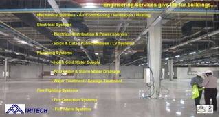 Engineering Services give life for buildings....
Mechanical Systems - Air Conditioning / Ventilation / Heating
Electrical Systems
- Electrical Distribution & Power sources
- Voice & Data / Public Address / LV Systems
Plumbing Systems
- Hot & Cold Water Supply
- Foul Water & Storm Water Drainage
- Water Treatment / Sewage Treatment
Fire Fighting Systems
- Fire Detection Systems
- Fire Alarm Systems
TRITECH
 