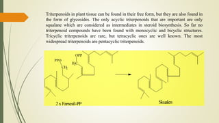 Triterpenoids in plant tissue can be found in their free form, but they are also found in
the form of glycosides. The only acyclic triterpenoids that are important are only
squalane which are considered as intermediates in steroid biosynthesis. So far no
triterpenoid compounds have been found with monocyclic and bicyclic structures.
Tricyclic triterpenoids are rare, but tetracyclic ones are well known. The most
widespread triterpenoids are pentacyclic triterpenoids.
 