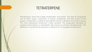 TETRATERPENE
Tertraterpene, never had a large condensation ring system. This class of compounds
can be either acyclic, monocyclic or bicyclic compounds. The best known of this
group is carotenoids, a yellow to red pigment found in all plants and various tissues.
The most widespread carotenoid is beta carotene. The oxygenated derivative of
carotene hydrocarbons is xanthophyll. Also known as colorless tetraterpenoids. This
difference is caused by the presence or absence of a conjugated double bond.
 
