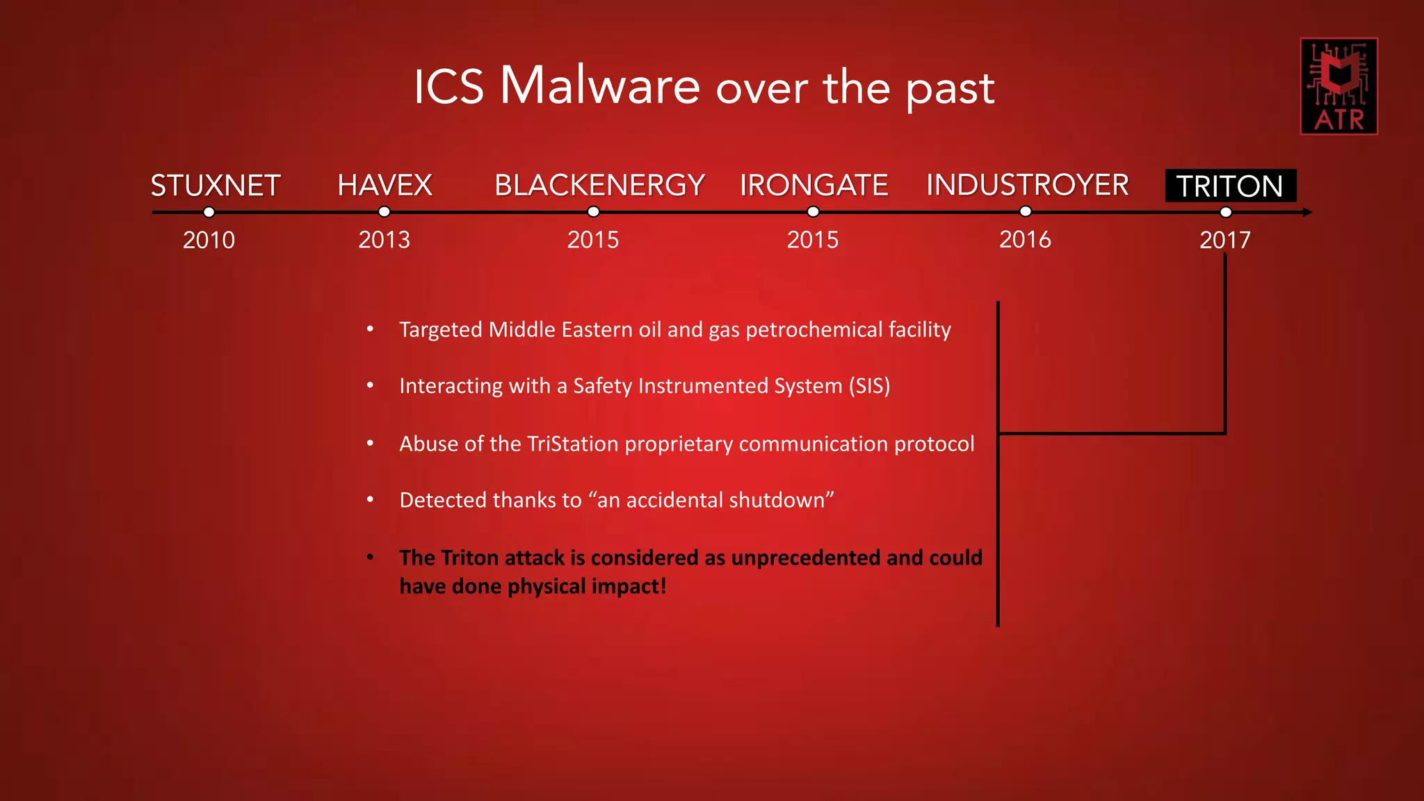 10CNES COMET SSI - Thomas Roccia – 2018
STUXNET
2010
HAVEX
2013
TRITON
2017
• Targeted Middle Eastern oil and gas petrochemical facility
• Interacting with a Safety Instrumented System (SIS)
• Abuse of the TriStation proprietary communication protocol
• Detected thanks to “an accidental shutdown”
• The Triton attack is considered as unprecedented and could
have done physical impact!
BLACKENERGY
2015
IRONGATE
2015
INDUSTROYER
2016
ICS Malware over the past
 