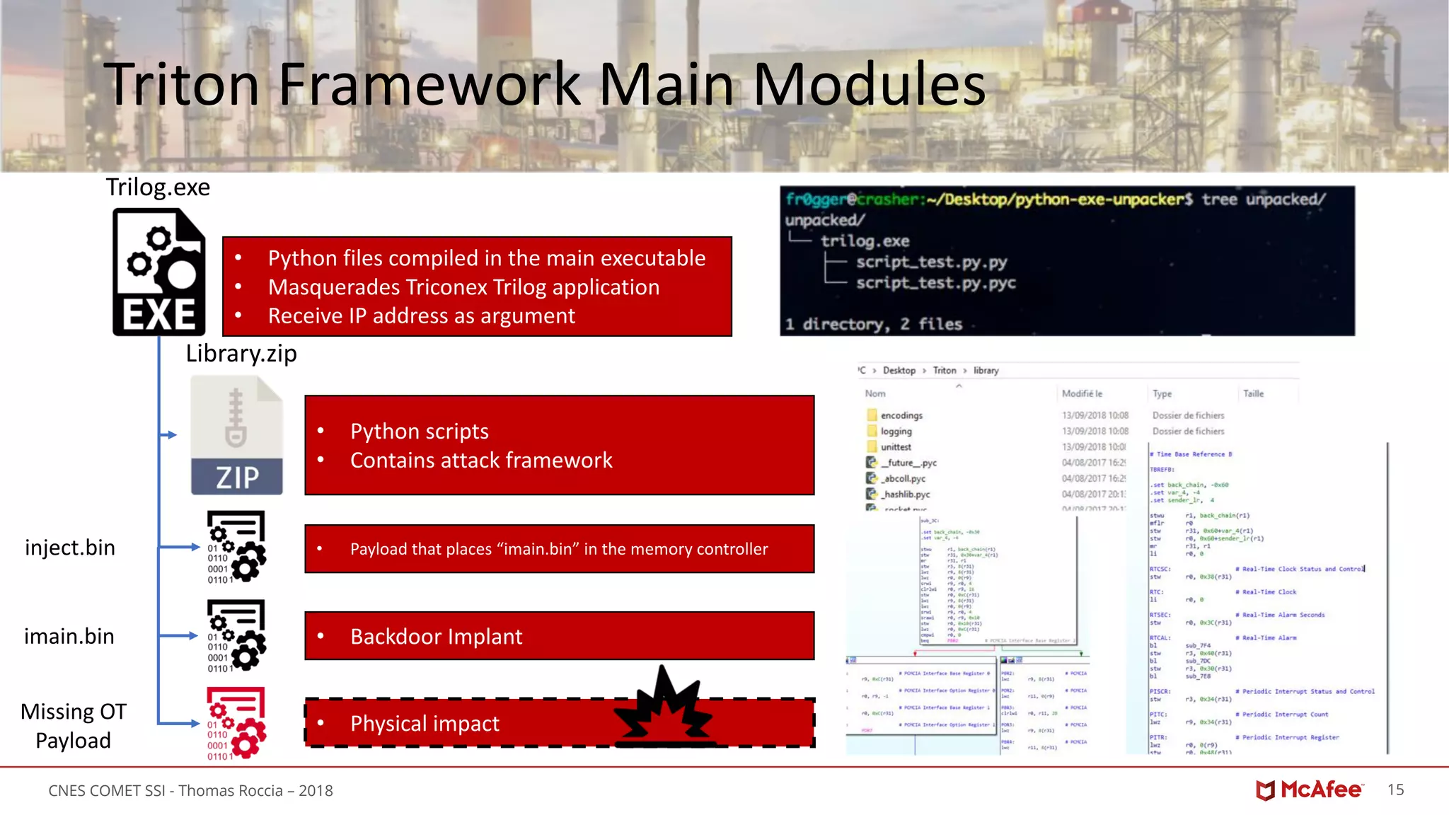 15CNES COMET SSI - Thomas Roccia – 2018
Triton Framework Main Modules
Trilog.exe
• Python files compiled in the main executable
• Masquerades Triconex Trilog application
• Receive IP address as argument
• Python scripts
• Contains attack framework
Library.zip
• Payload that places “imain.bin” in the memory controllerinject.bin
imain.bin • Backdoor Implant
Missing OT
Payload
• Physical impact
 