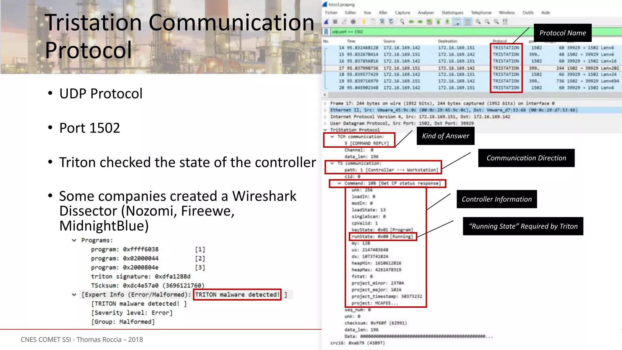 18CNES COMET SSI - Thomas Roccia – 2018
Tristation Communication
Protocol
• UDP Protocol
• Port 1502
• Triton checked the state of the controller
• Some companies created a Wireshark
Dissector (Nozomi, Fireewe,
MidnightBlue)
Protocol Name
Kind of Answer
Communication Direction
Controller Information
“Running State” Required by Triton
 